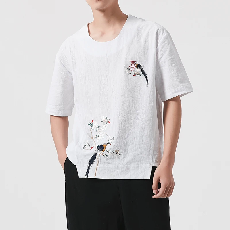 

Men Summer Cotton Linen Tees Shirts Chinese Embroidery Loose Short Sleeve Casual T Shirt Male High Street Fashion Tshirt