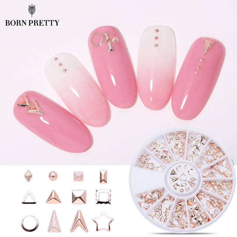

Rose Gold Rivet Studs 3D Nail Decoration Circle Star Round Square Triangle Mixed Rhinestones Nail Art Decoration in Wheel