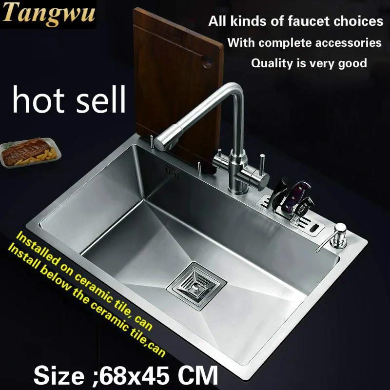 

Free shipping Hot sell standard individuality kitchen manual sink single trough durable food-grade 304 stainless steel 68x45 CM