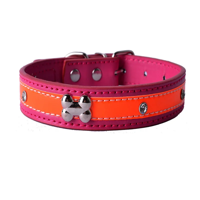 

Pet Cat Dog Collar Personalized Crystal Studded Reflective Dog Collar Pu Leather Double Color Bones Collars