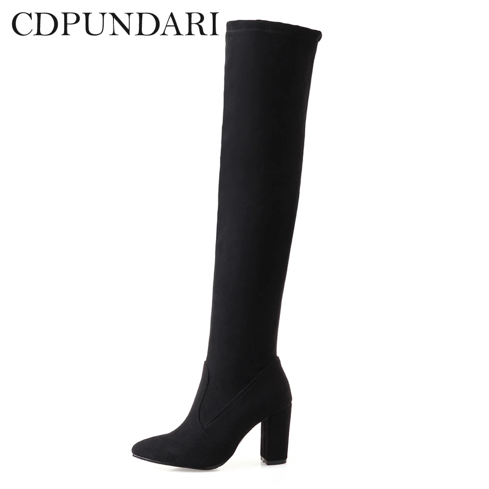

CDPUNDARI Black Flock High heel over the knee boots women Pointed Toe thigh high boots shoes woman