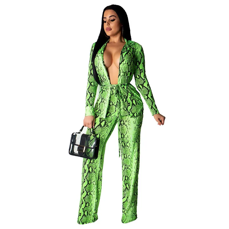 

Snake Print 2 Piece Set Women Tracksuit Set Autumn Winter Turn Down Collar Top and Loose Pants Casual Two Piece Sweat Outfits