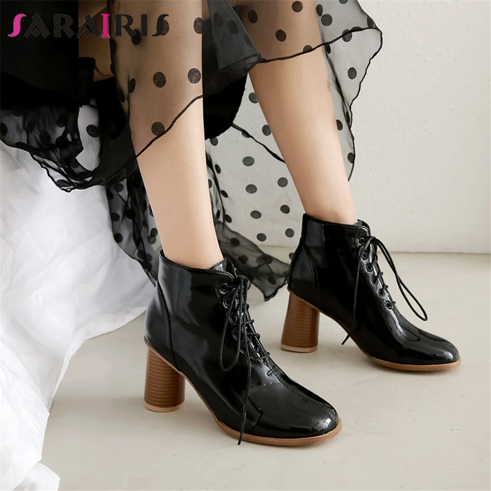 

SARAIRIS New Fashion 2019 Plus Size 32-48 Warm Fur Winter Boots Women Shoes Woman Lace Up Chunky High Heels Ankle Boots Female