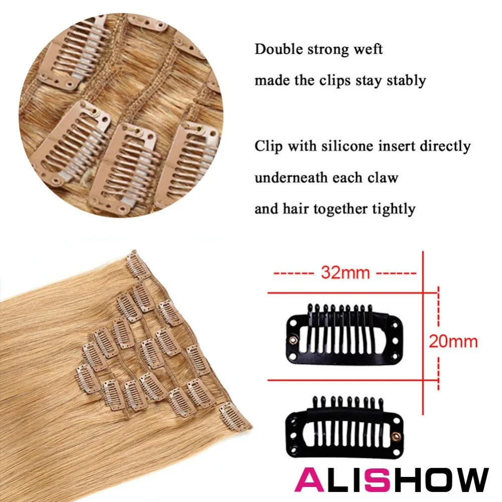 Alishow Clip In Human Hair Extensions Straight Full Head Set 7pcs 100g Machine Made Remy Hair Clip Ins 100% Human Hair Extension