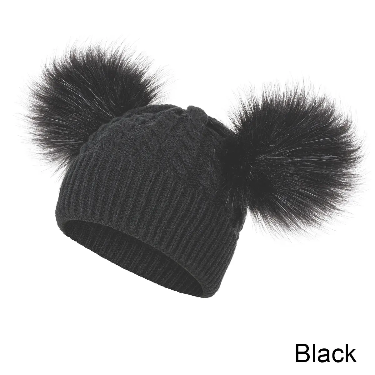 Зимние шапки для детей, вязаная шапка, одноцветная Детская меховая шапка с помпонами для девочек и мальчиков, теплая шапка - Цвет: black
