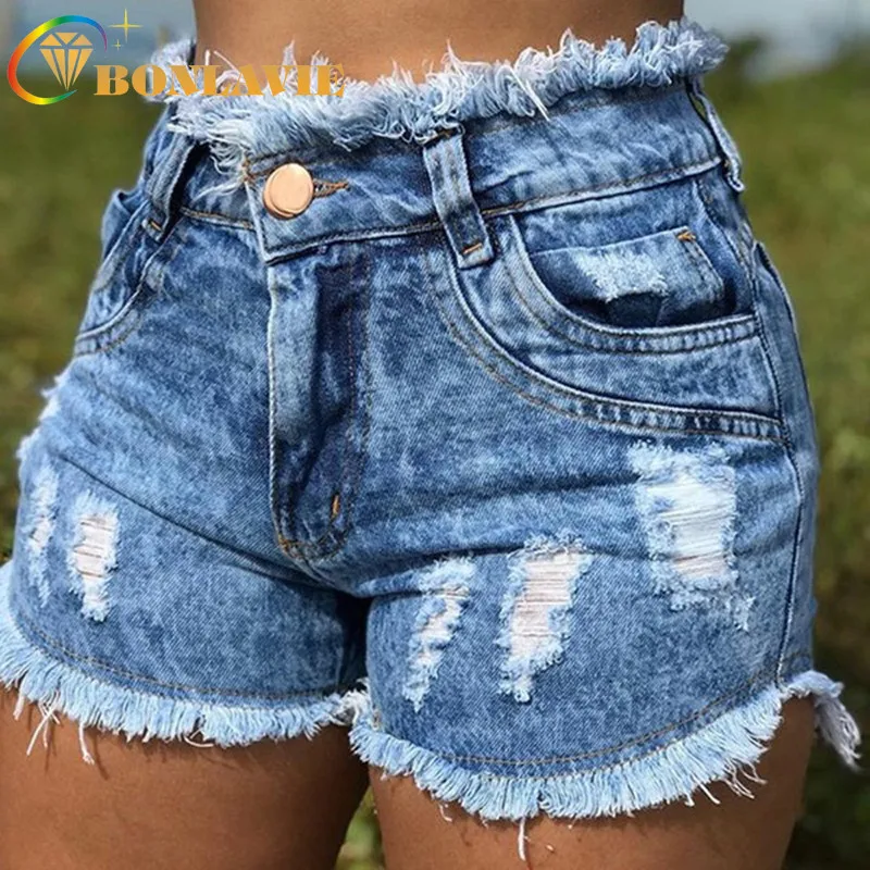 

Summer Fashion Shorts Tassels Edge Hollow Sexy Women's Short Jeans Mid Waist Scratched Denim Shorts High Street Shredded Pants