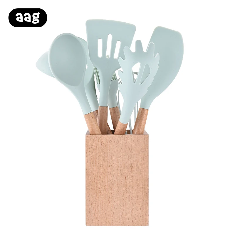 

9Pcs Silicone Kitchen Tools Set Non-stick Turner Spatula Spoon Kitchen Cooking Utensils With Wooden Storage Box Kitchen Tools