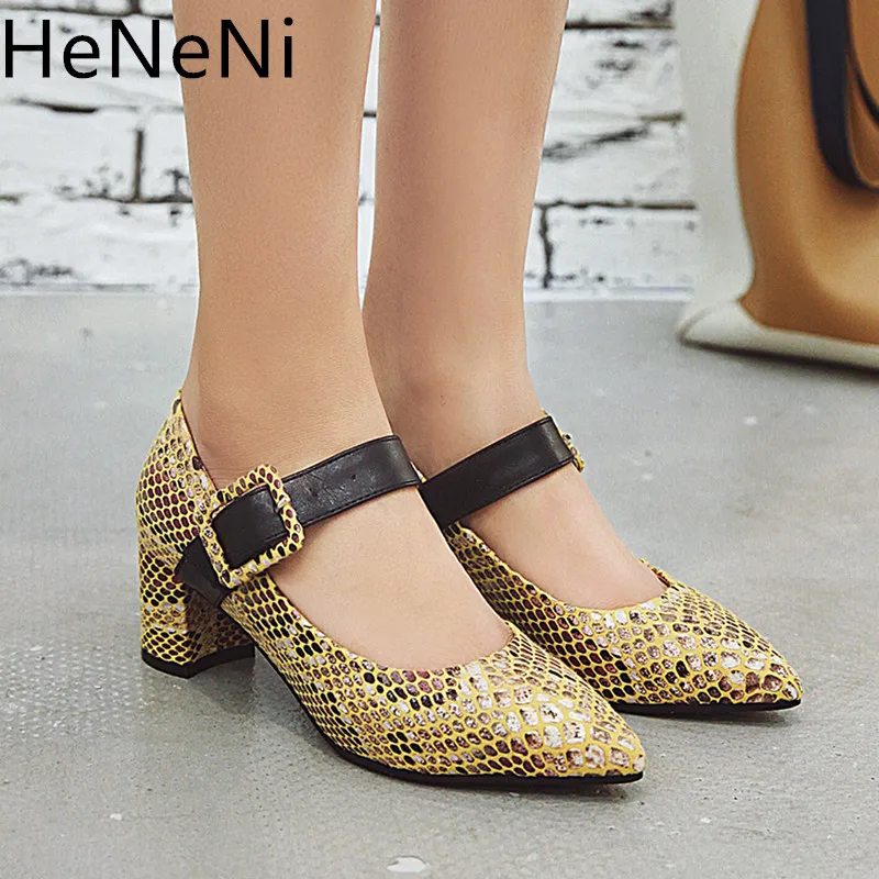 

High Heels Snake print grid Square Heel Shoes Women Pointed Toe Ankle strap Pumps Fashion Leather Party Shoes Sapato Feminino