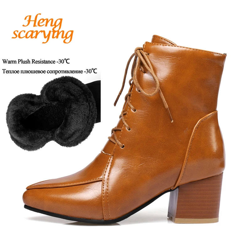 

2018 Women Plus Size 45 Winter Snow Ankle Martins Boots Female Leather Lace Up Brown Booties Lady Cute Dress Pointed Toe Shoes