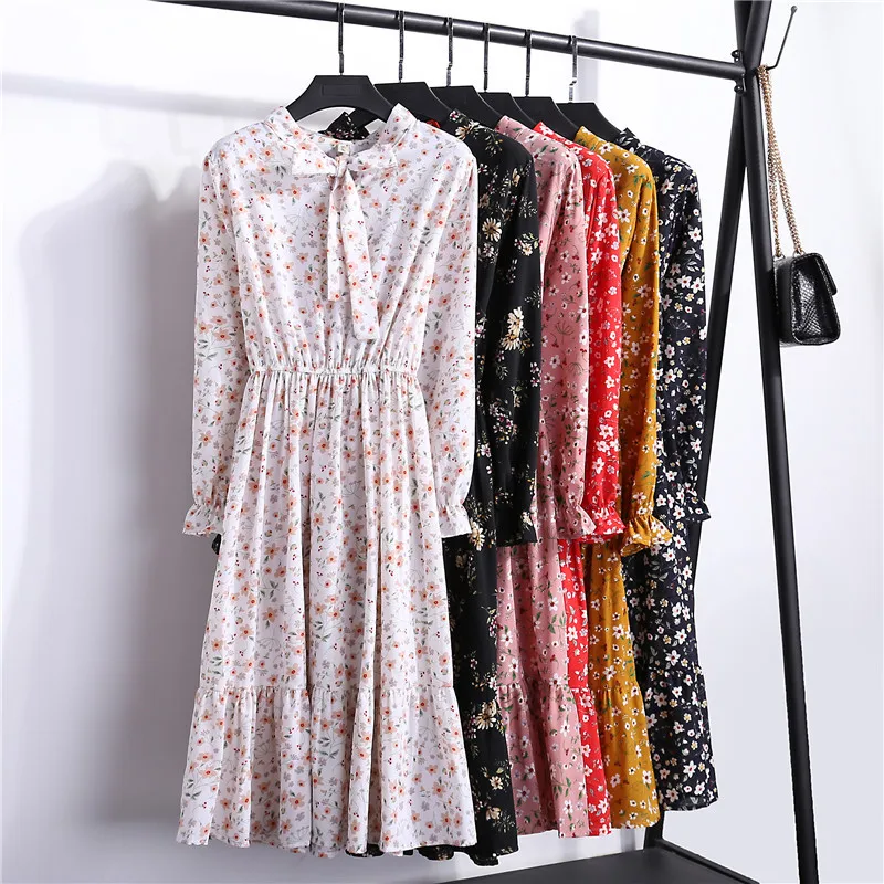

2019 Summer Women Cute Chiffon Floral Print Dress Casual Girl Long Bowknot Dresses Ladies Long Sleeve Vestido Plus Size Mujor