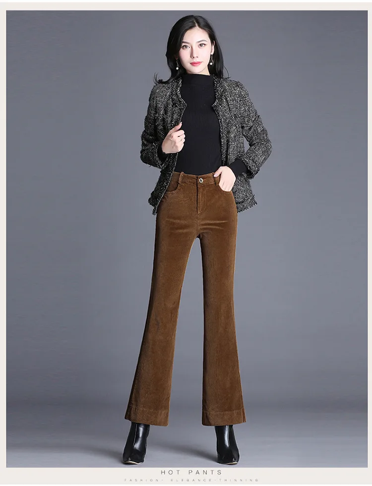 Вельветовые женские брюки клёш осень-зима новые женские темпераментные тонкие брюки, большой размер микро-ла повседневные брюки Мода