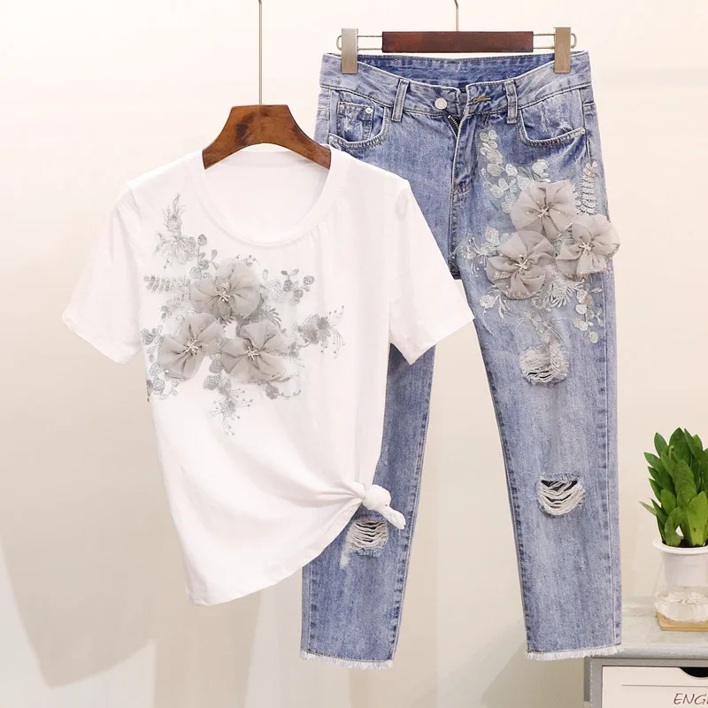 

Fashion Vestidos Summer Cropped Pant Sets Embroidery Sequins 3D Flower T Shirt&Jeans Pants Suits Two Pieces Women 2 PC Sets