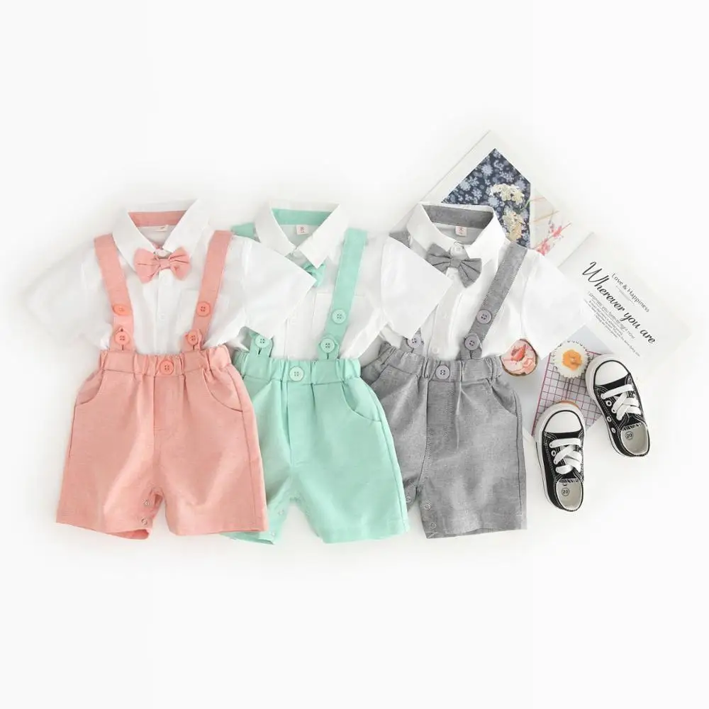 

HOT Top Quality 2PCS Baby Bow tie Shirt+suspender trousers Boys Short Sleeve Gentleman Romper Clothes Toddler Pants Set Outfits