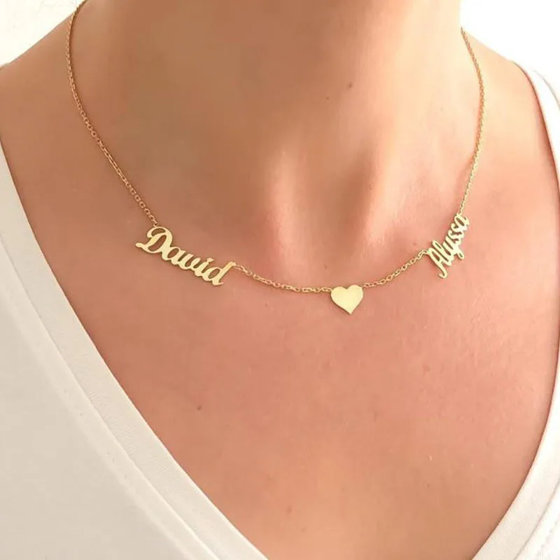 Custom Double Name Necklae With One heart For Lovers Custom Stainless Steel Gold Color Two Name Nameplate Pendant Necklaces