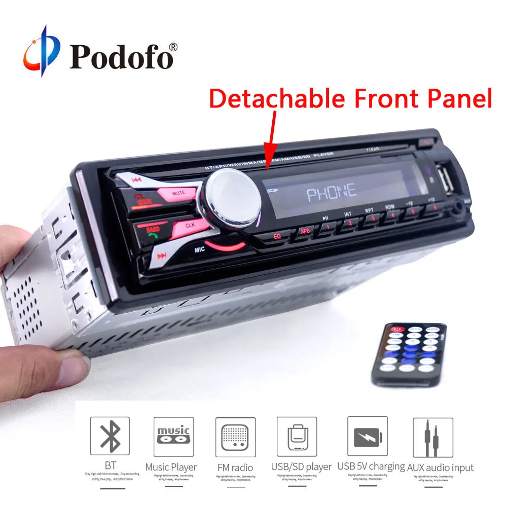 

Podofo Car Radio Stereo Player Bluetooth Phone AUX-IN MP3 FM/USB 1Din remote control 12V Car Audio Stereo Hands-free Call radios