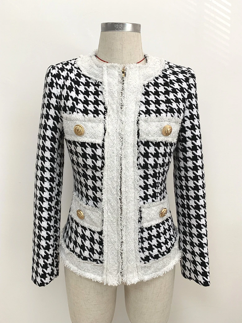 HIGH STREET Newest Fall Winter Designer Jacket Women's Zip Houndstooth Fringed Tweed Jacket Coat