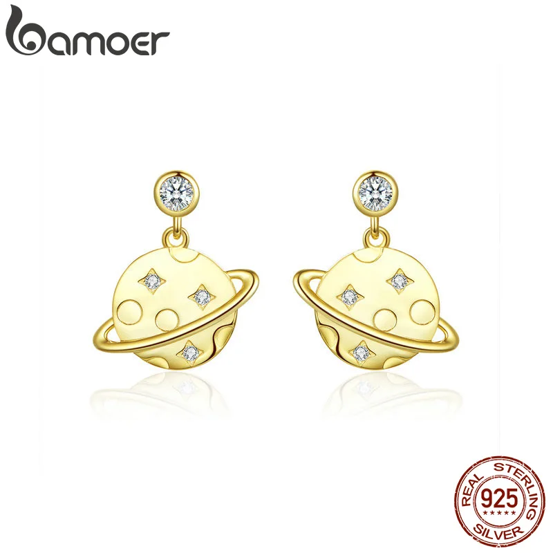 

BAMOER Planet Golden Earrings for Women Clear CZ Universe Drop Earring 925 Sterling Silver Korean Style Jewelry BSE091
