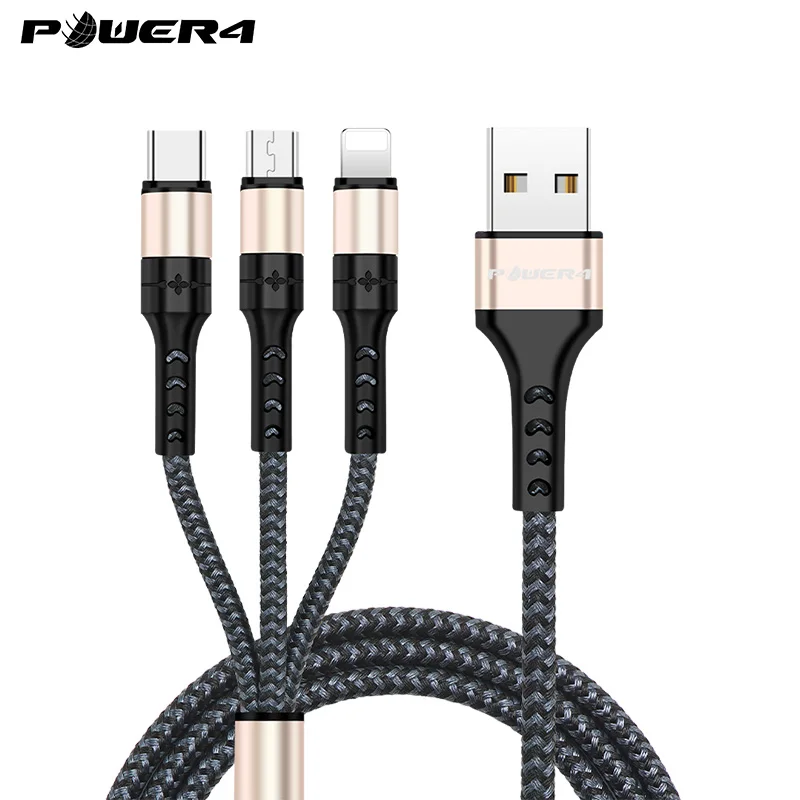 Power4, 3 в 1, USB кабель, быстрая зарядка, зарядное устройство Micro для Lightning, usb type C, универсальные кабели для мобильных телефонов, шнур для iPhone, samsung - Цвет: Grey