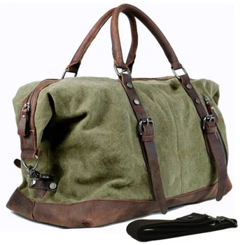 

Military Canvas Leather Men's Travel Bag Hand Luggage Bag Carry On Large Men Leather Duffle Bag Tote Big Weekend Bag Overnight