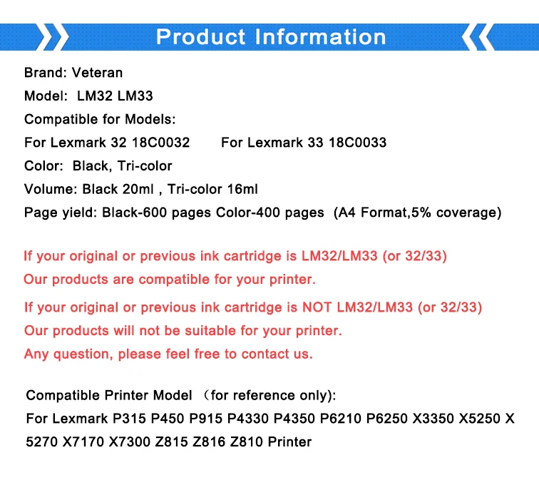 Ветеран картридж с чернилами для принтера Lexmark 32 33 18C0032 18C0033 принтер X5410 X5450 X5470 X7300 X7350 X8310 X8350 Z800 Z805 Z810 Z812