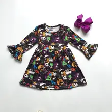 Новое поступление, осенне-зимняя одежда на Хэллоуин для маленьких девочек, Призрак Череп, принт, светло-черная детская одежда молочный шелк, оборки, соответствующие бантом