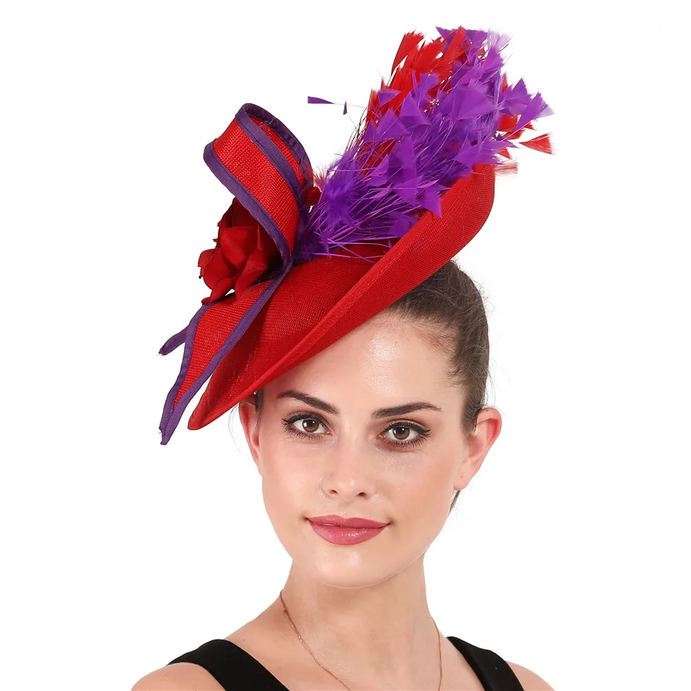 Elegant purple and red Feather Fascinator Wedding Bridal hairClip Hat for Party Cocktail Headpiece Lady Floral Pattern HeadWear