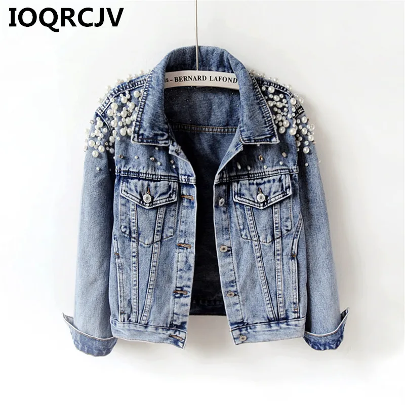 

2019 Spring Autumn Beading Short Denim Jackets Women Long Sleeve Vintage Casual Jean Jacket Bomber Women Basic Coat R509