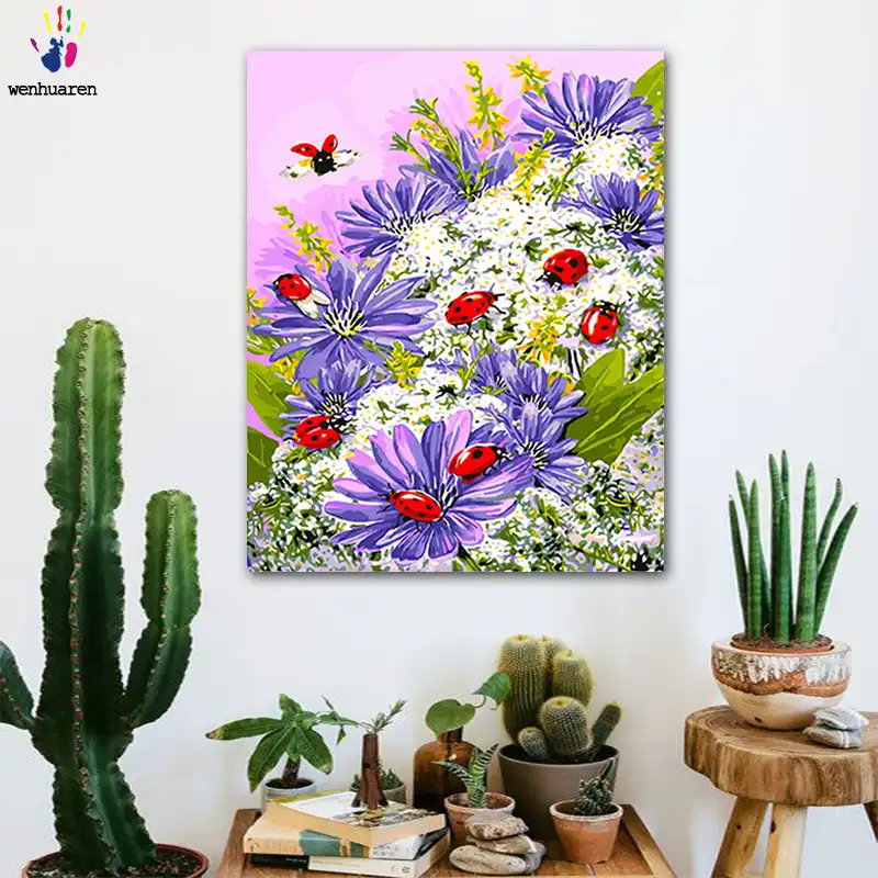 Diy着色料による写真番号色てんとう虫と花画像描画数字額 Paint By Number Aliexpress