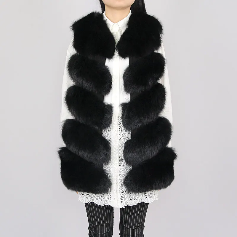 QIUCHEN PJ8006 Новое поступление женское пальто Полный Пелт натуральный Лисий мех длинный жилет натуральная кожа жилет - Цвет: black