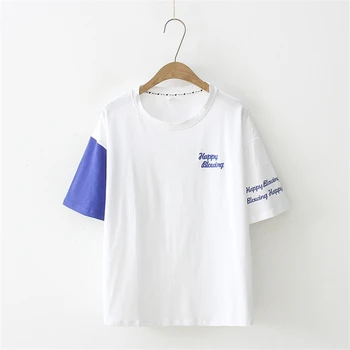 

MERRY PRETTY Women Letter Embroidery White Cotton T Shirts Short Sleeve O-Neck Summer Patchwork Tops Tees Ladies Casual T Shirt