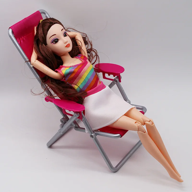 

1:6 Scale Dollhouse Furniture Swim Foldable Deckchair Accessories For Doll For House Lounge Pink Rose Beach Chair