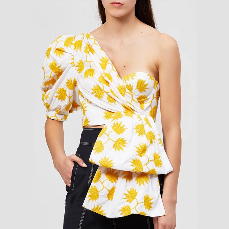 

KAMIYING Oblique collar Puff sleeve Tube top printing shirt Women Off Shoulder Irregular Crop Top Female 2020 Sexy Fashion Tide