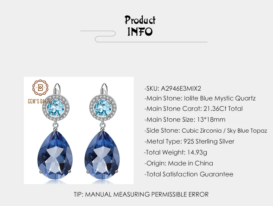 GEM'S BALLET Natural Blue Mystic Quartz Topaz Pear Earrings 925 Sterling Silver Classic Drop Earrings for Women Wedding Jewelry