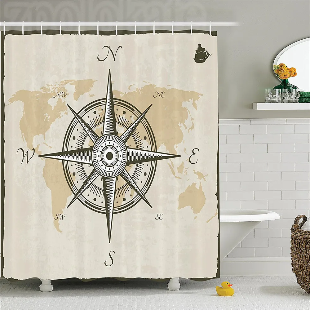 Compass Shower Curtain Nautical Compass on Background Old Map with Border Frame Illustration Print Cloth Fabric Bathroom Decor Set with Hook