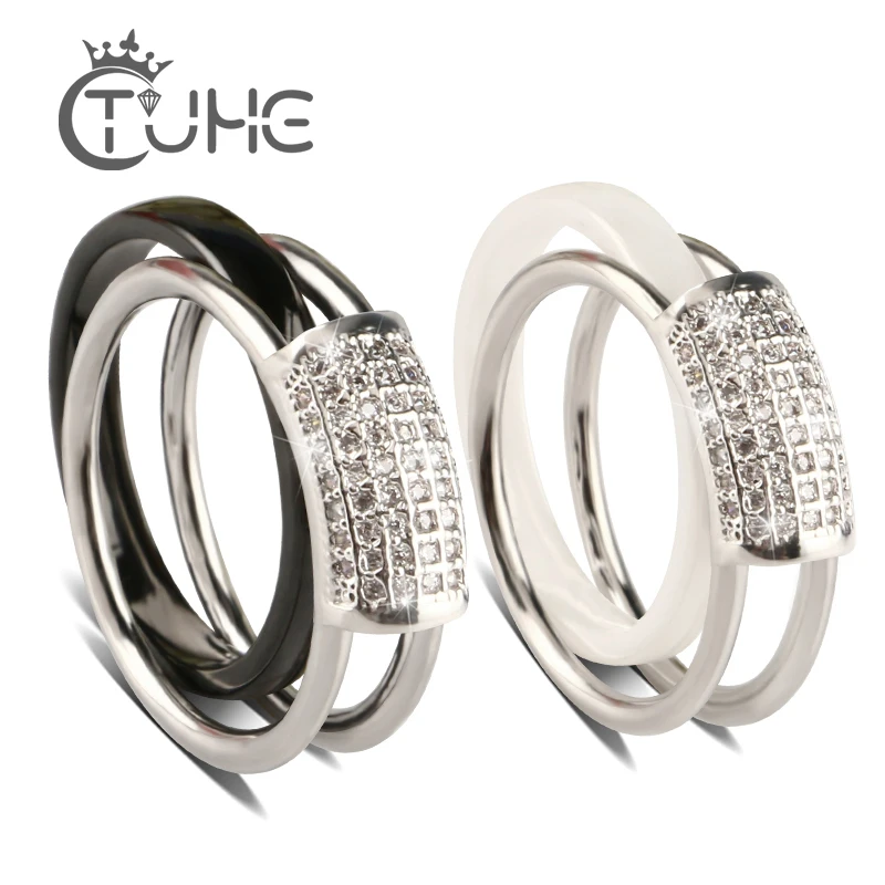 

2pcs/Set Hot Women Rings Set Black White Pink Blue Purple Shinning Rhinestone Ceramic Ring For Women Engagement Weddings Gift