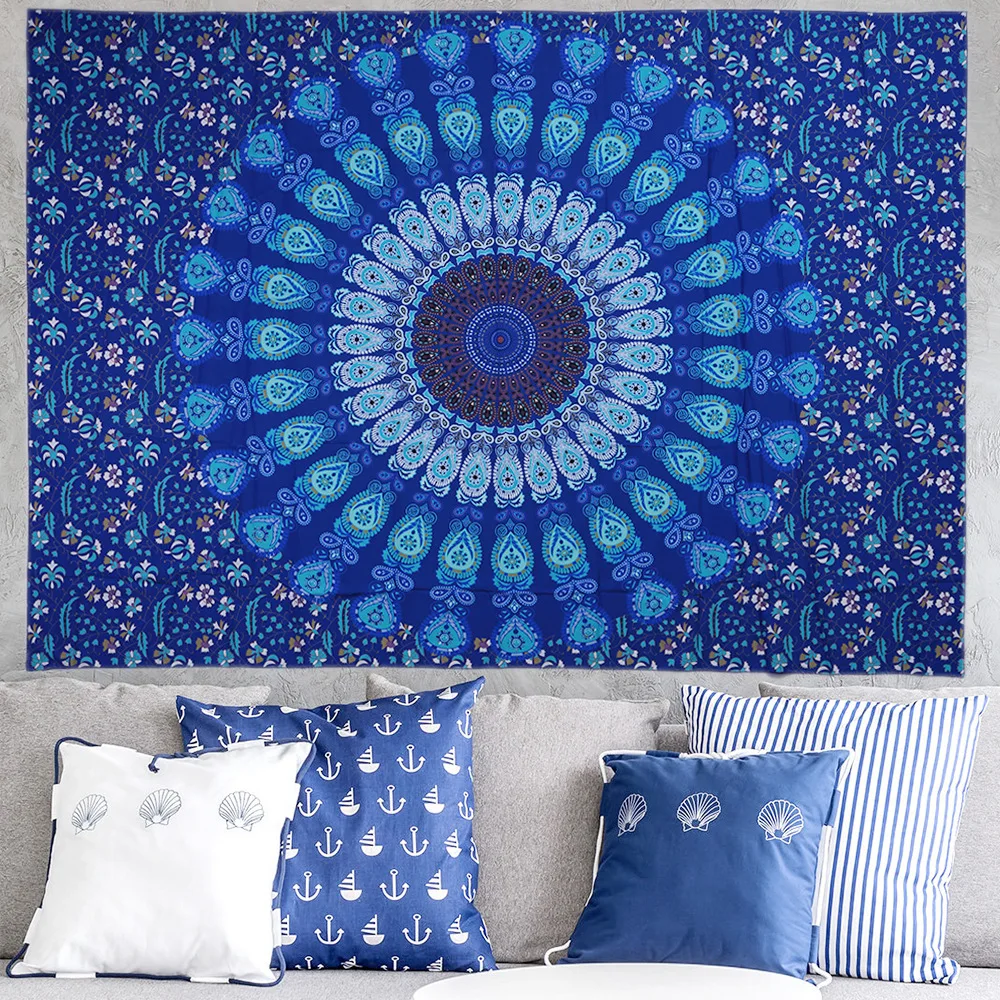 

Peacock Feathers Blue Tapestry Mandala Home Paintings Hanging Ornament Wall Decoration Decorative Cloth Beach Blanket