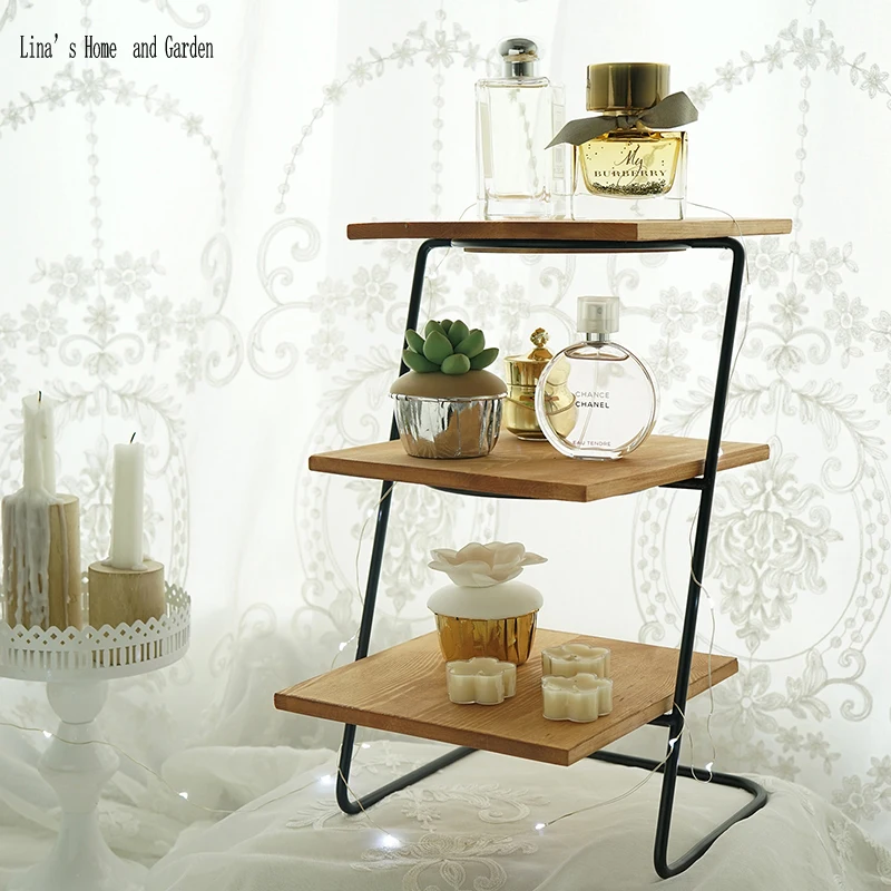 antique brown wood metal 3 tier small display shelf (2)