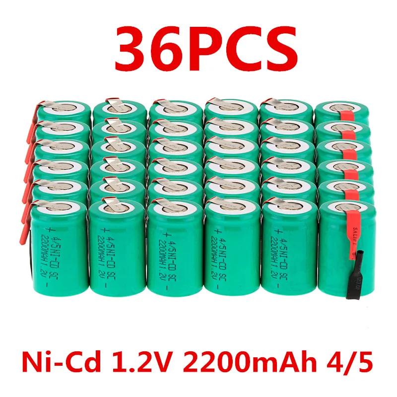 36PCS Ni Cd 1.2V 2200mAh 4/5 SubC Sub C Rechargeable Battery with Tab Greenrechargeable battery