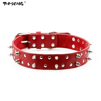 

T-MENG Pet Dog Collar Genuine Leather Punk Style Spiked Round Nail Rivets Studded Collar Dogs Neck Strap Pet Products Acessorios
