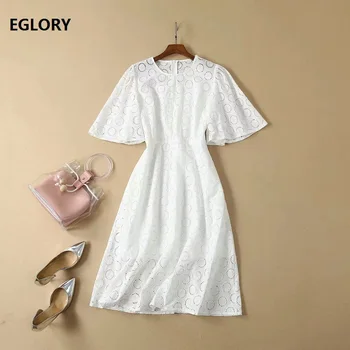 

High Quality New 2019 Summer Fashion Cotton Dress Women Polka Dot Patterns Embroidery Flare Sleeve Mid-Calf White Black Dress
