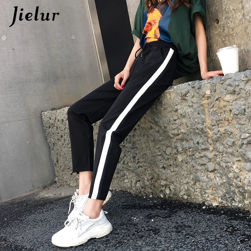 Jielur/Харадзюку женские штаны шаровары в полоску сбоку тонкие Moda Mujer 2018