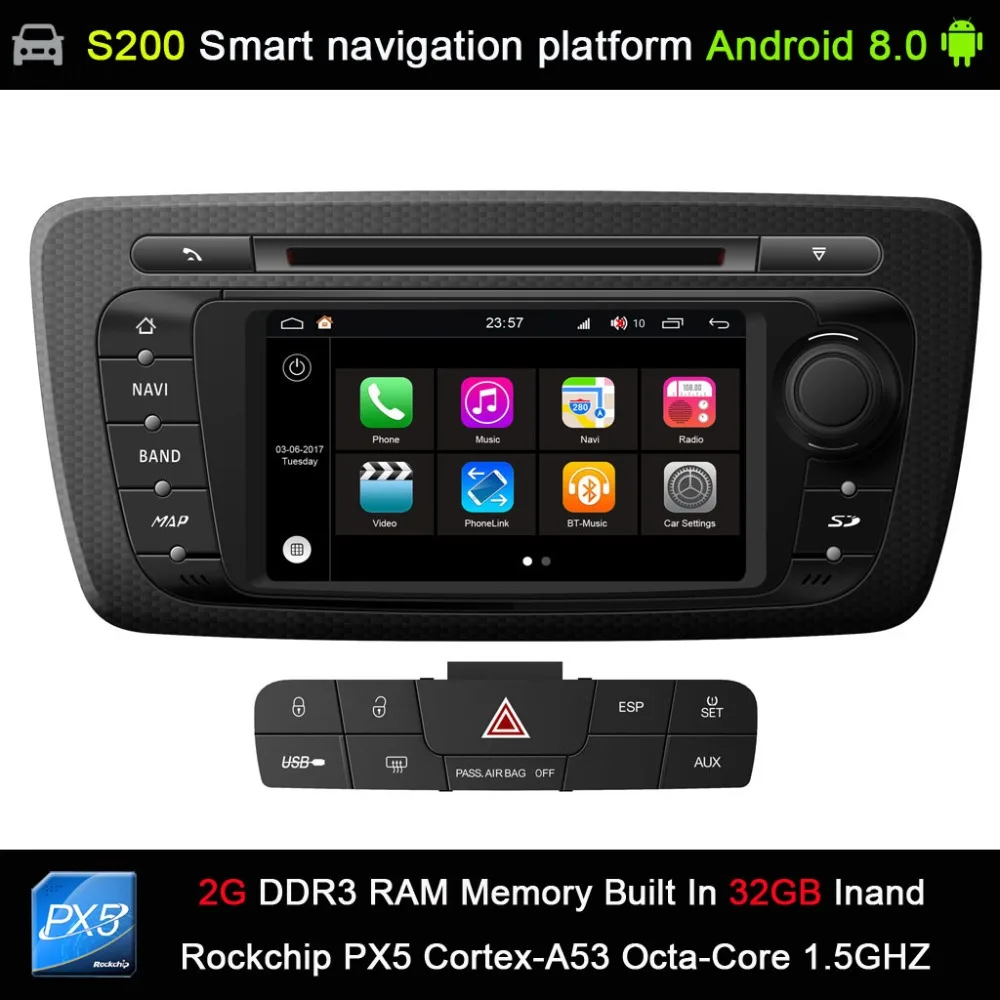 

car accessories Android 8.0 system PX5 Octa 8-Core CPU 2G Ram 32GB Rom Car DVD Radio for Seat Ibiza 2009-2013 GPS navigation