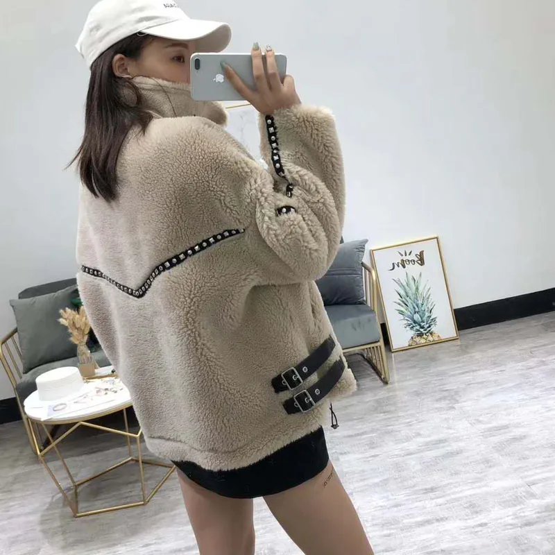 Manteau femme hiver шуба мото и Байкерская зимняя женская овечья меховая парка плюс размер замшевая кожаная куртка бриллианты короткая одежда