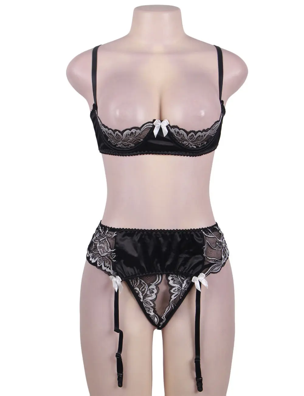

Sexy Women Lingerie Set Embroidery Floral Lace Cupless Wire Bralette Bra Top Garter Skirt Open Crotch Thong Plus Size M-5XL