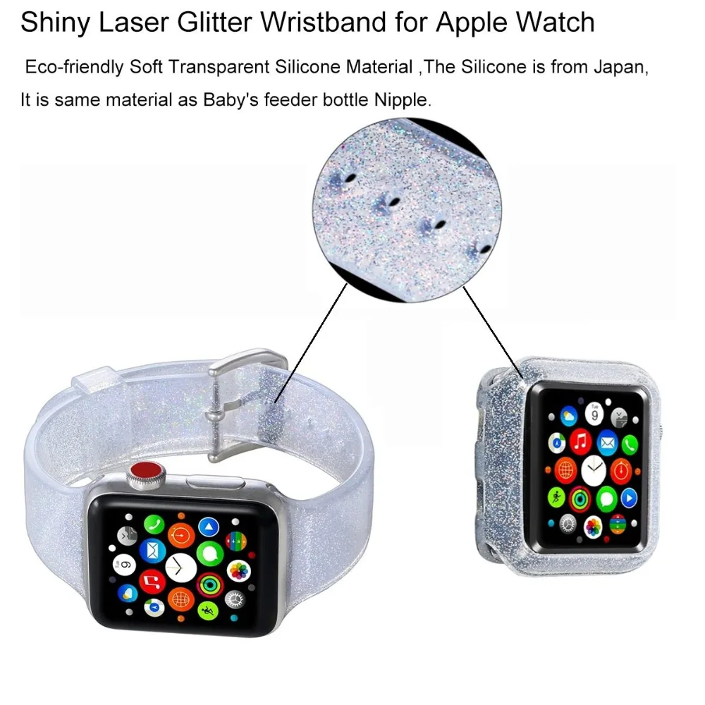Силиконовый ремешок для часов Apple Watch водонепроницаемый блестящий чехол iWatch 38 мм