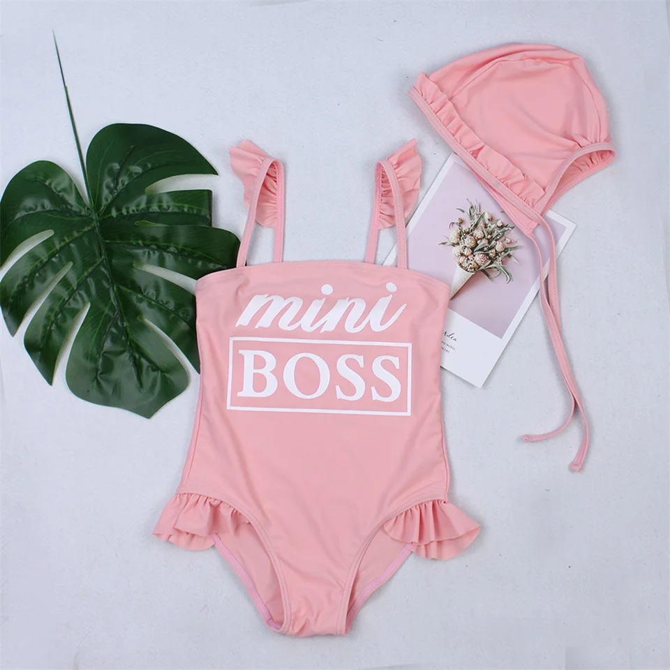 

2019 New Child Swimsuit Baby Girls One Piece Swimwear Children Bodysuit Letter Print Founce Swimsuit Solide Beachwear Minokini