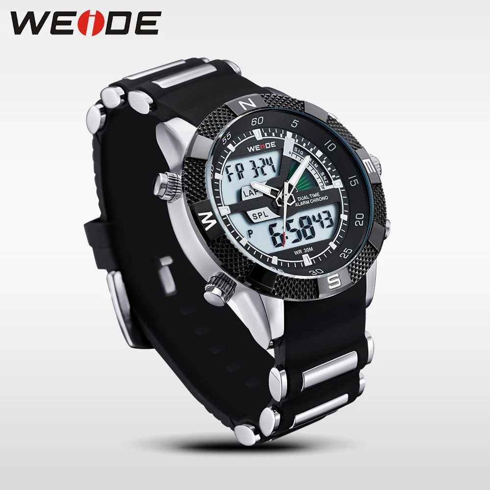 2013 Brand New WEIDE men LED Luminous analog digit dual time display Date Week Alarm luxury brand sport watch unique design 3ATM