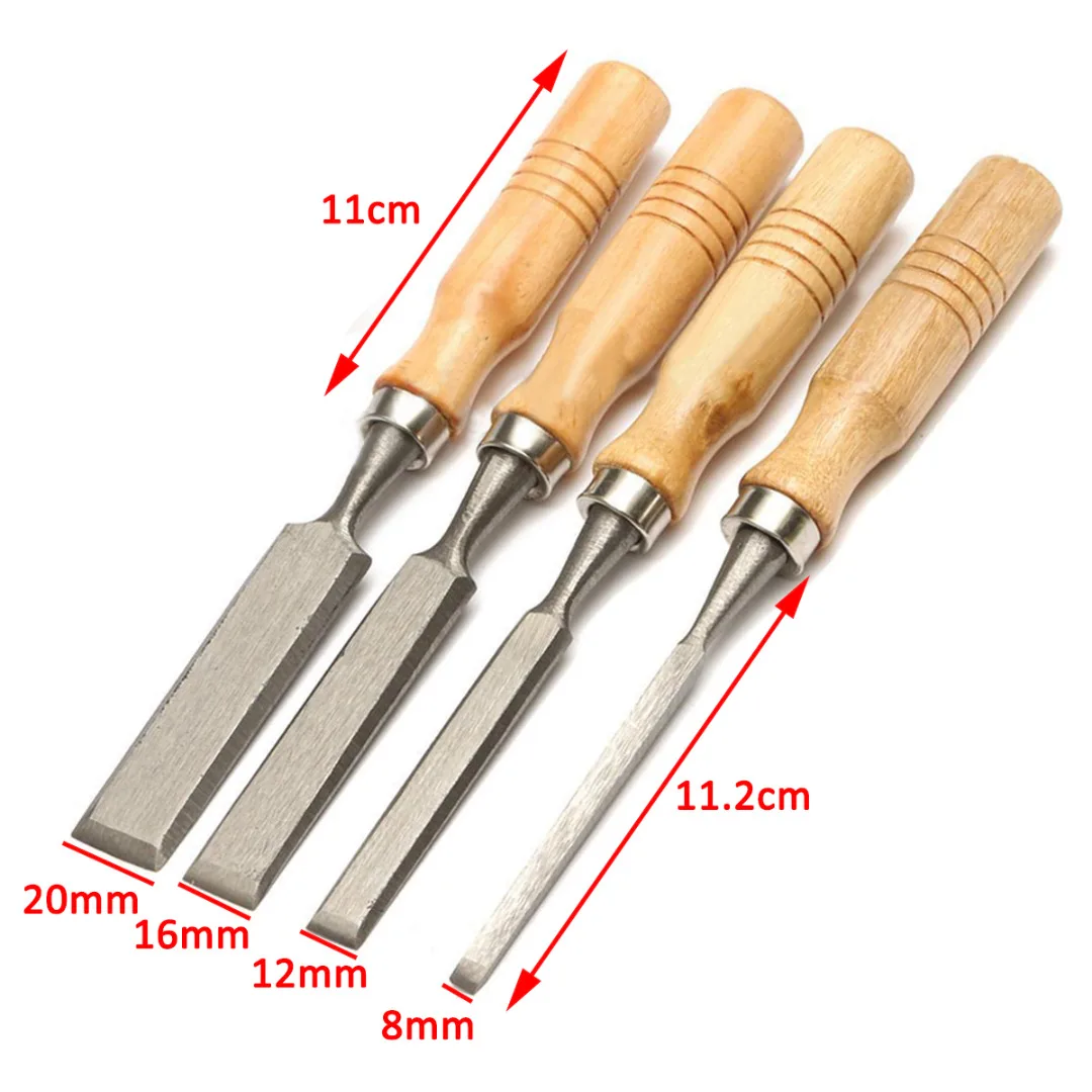 DWZ 4pcs 8/12/16/20mm Woodworking Carving Hand Chisels Tool Set with Wooden Handle