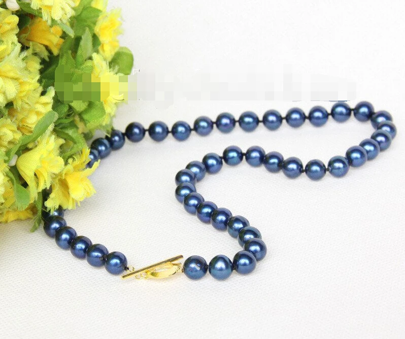

17" 10mm round navy blue blue freshwater pearls necklace j10019^^^@^Noble style Natural Fine jewe FREE SHIPPING