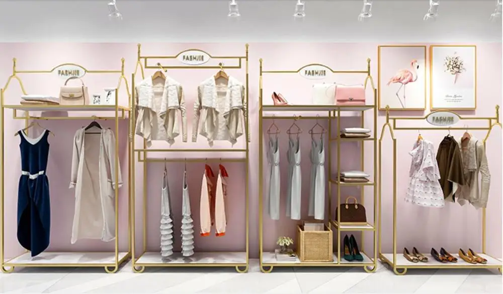 Europe type gold dress shop rack rack high grade clothes rack shoes bag double layer clothing display rack